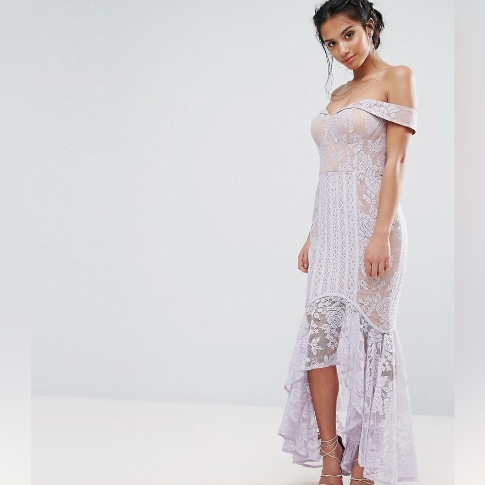 Jarlo All Over Lace Off Shoulder Fishtail Dress Lavender - Picture 5 of 5